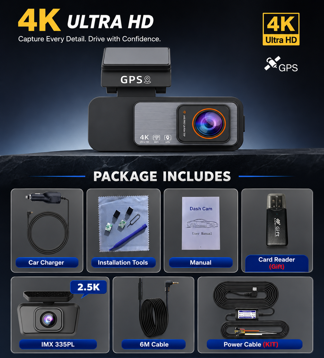 4K Dash Cam Front & Rear Camera with GPS & WiFi | Night Vision DVR