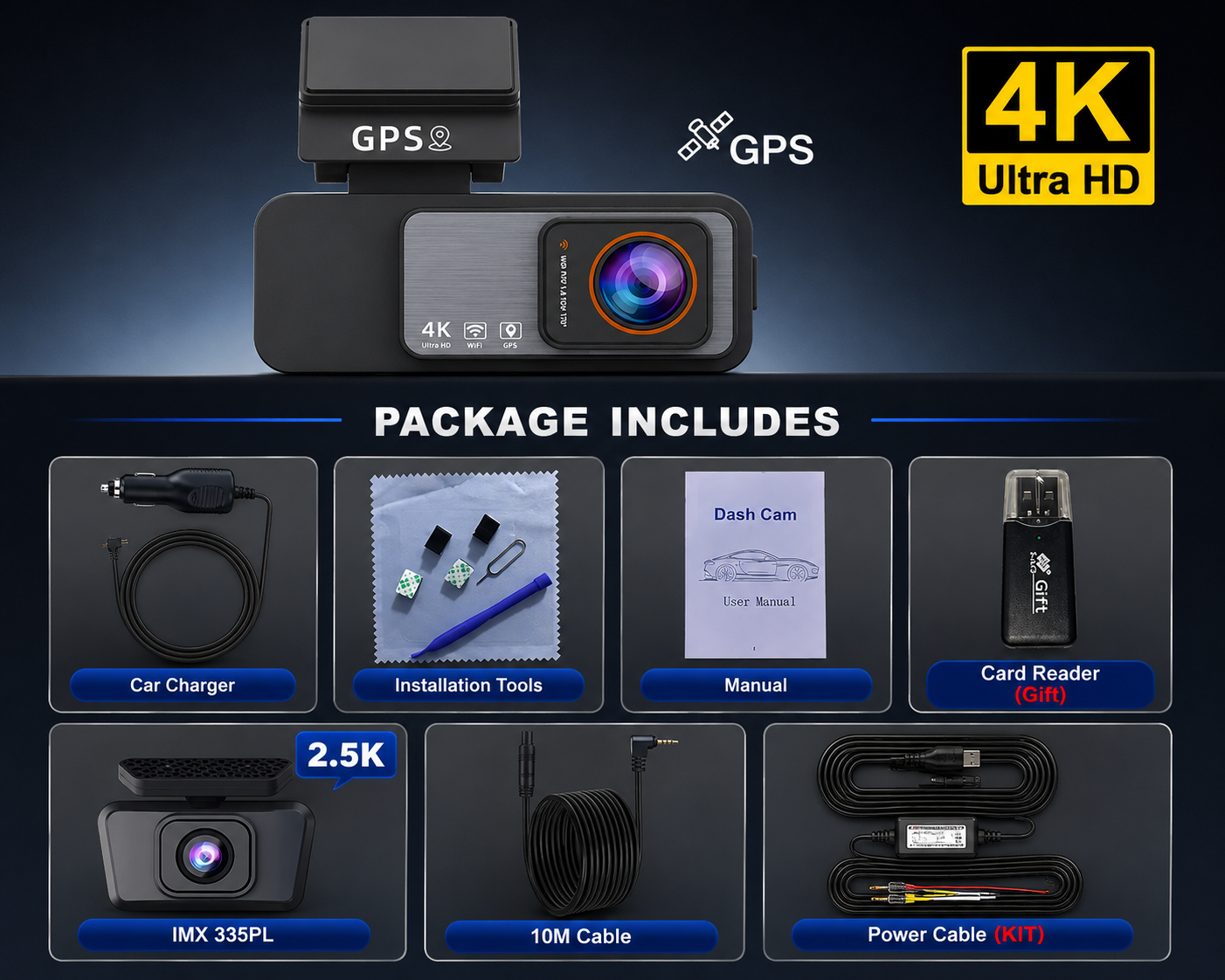 4K Dash Cam Front & Rear Camera with GPS & WiFi | Night Vision DVR