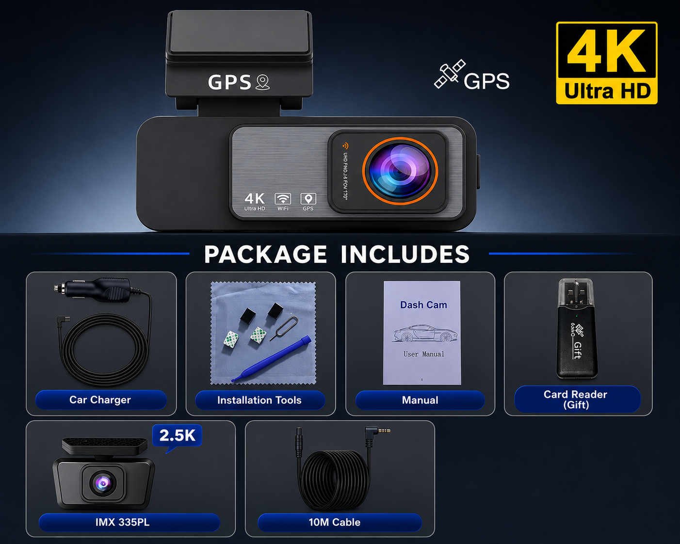 4K Dash Cam Front & Rear Camera with GPS & WiFi | Night Vision DVR