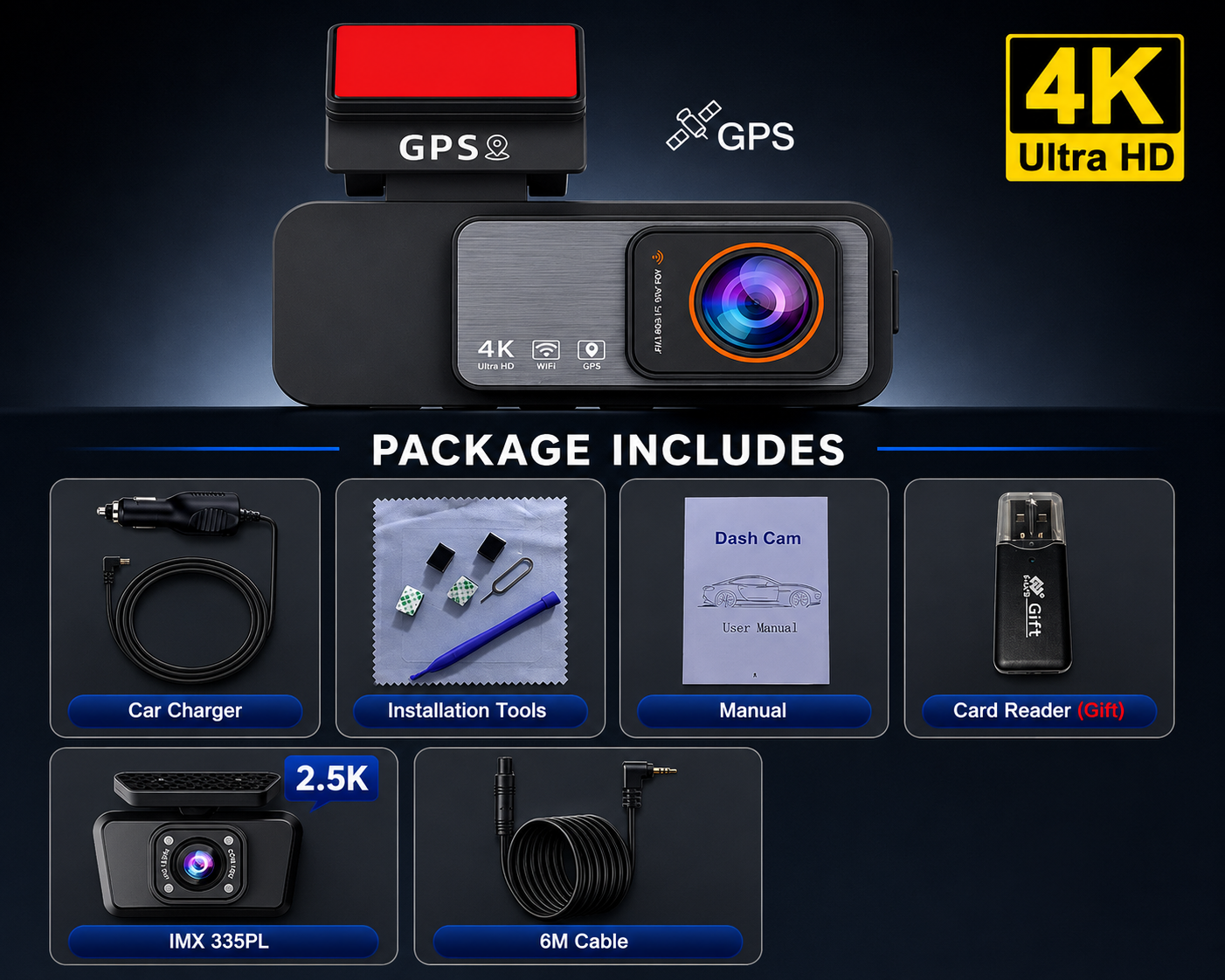 4K Dash Cam Front & Rear Camera with GPS & WiFi | Night Vision DVR