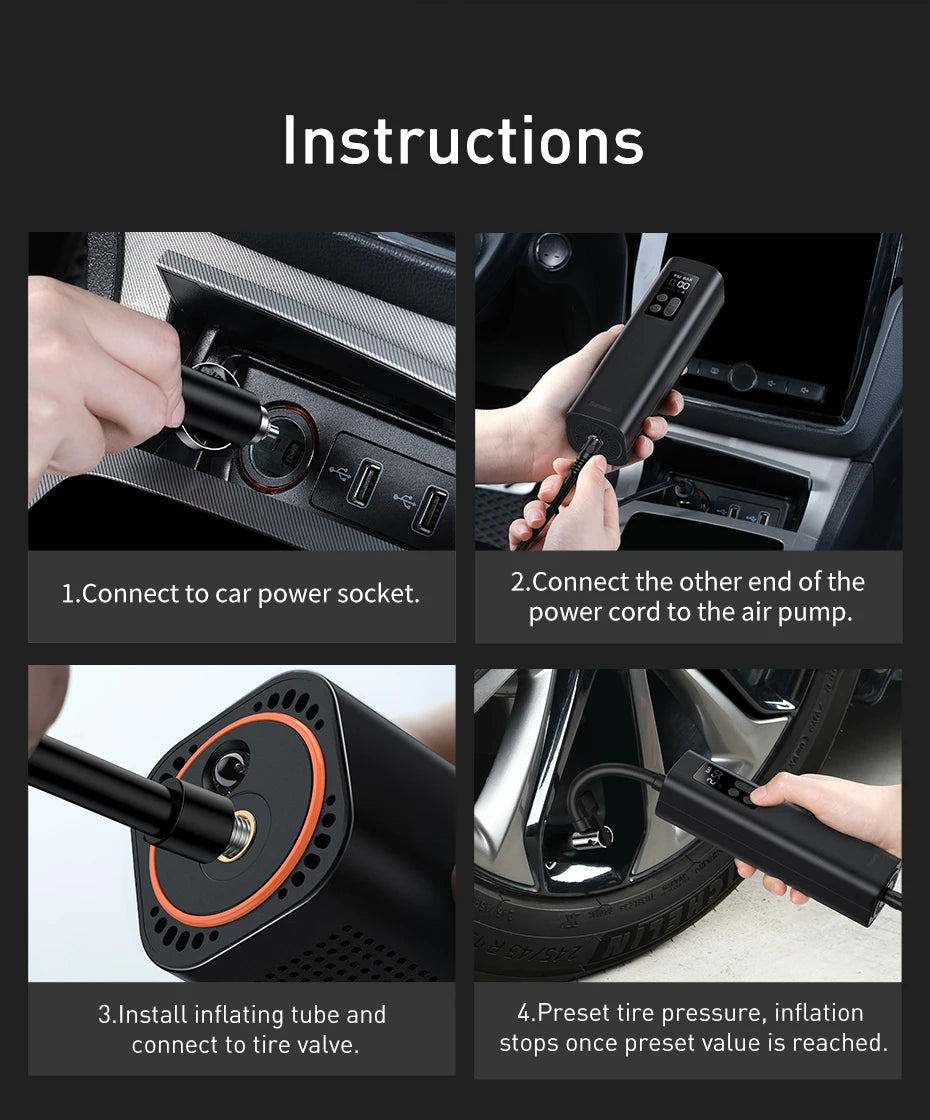 Baseus Portable Tire Inflator 12V | Mini Car Air Compressor Pump