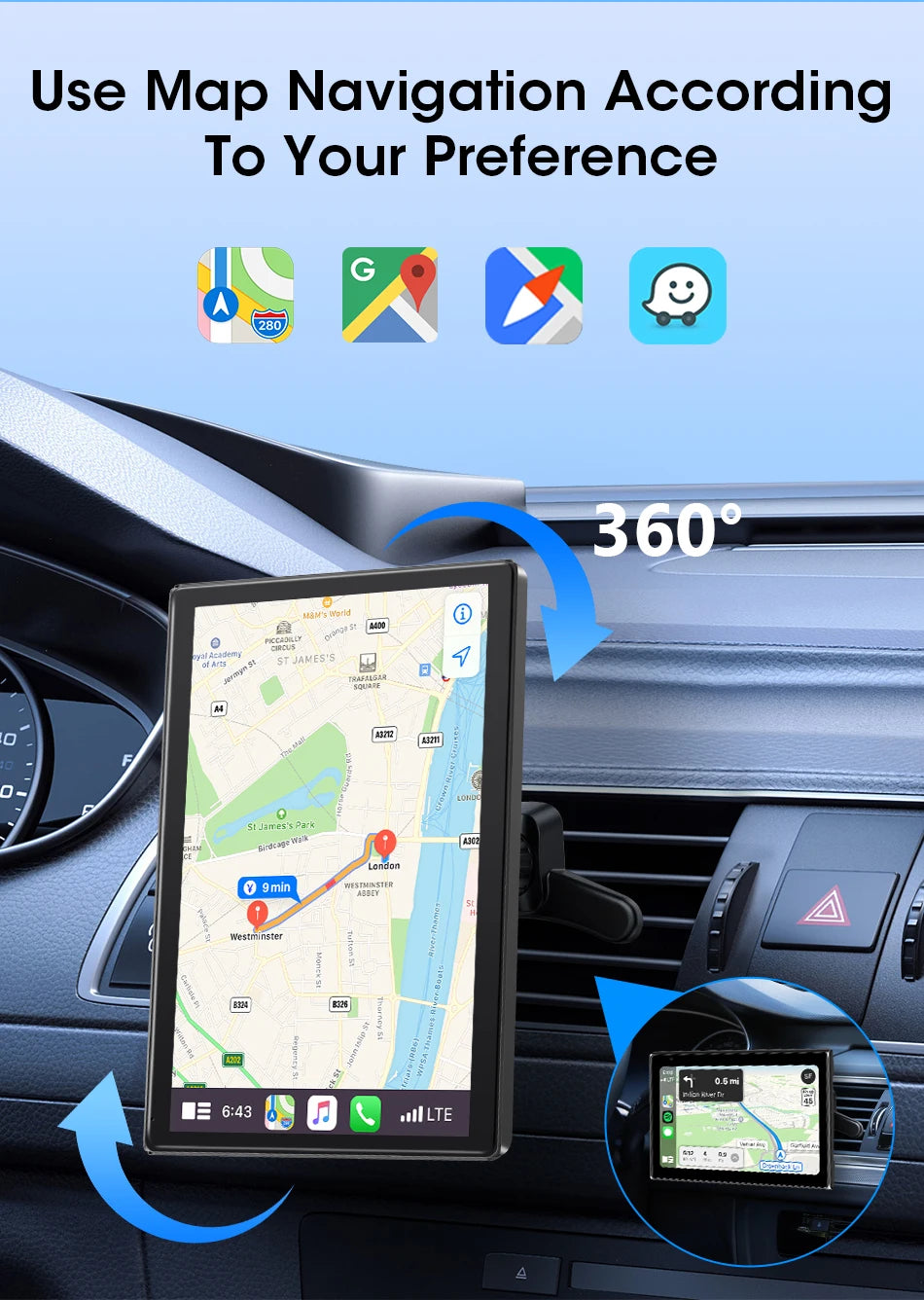 VILSAD 7" / 8" / 9" Wireless CarPlay Display – Full HD Touchscreen Monitor with Apple CarPlay & Android Auto