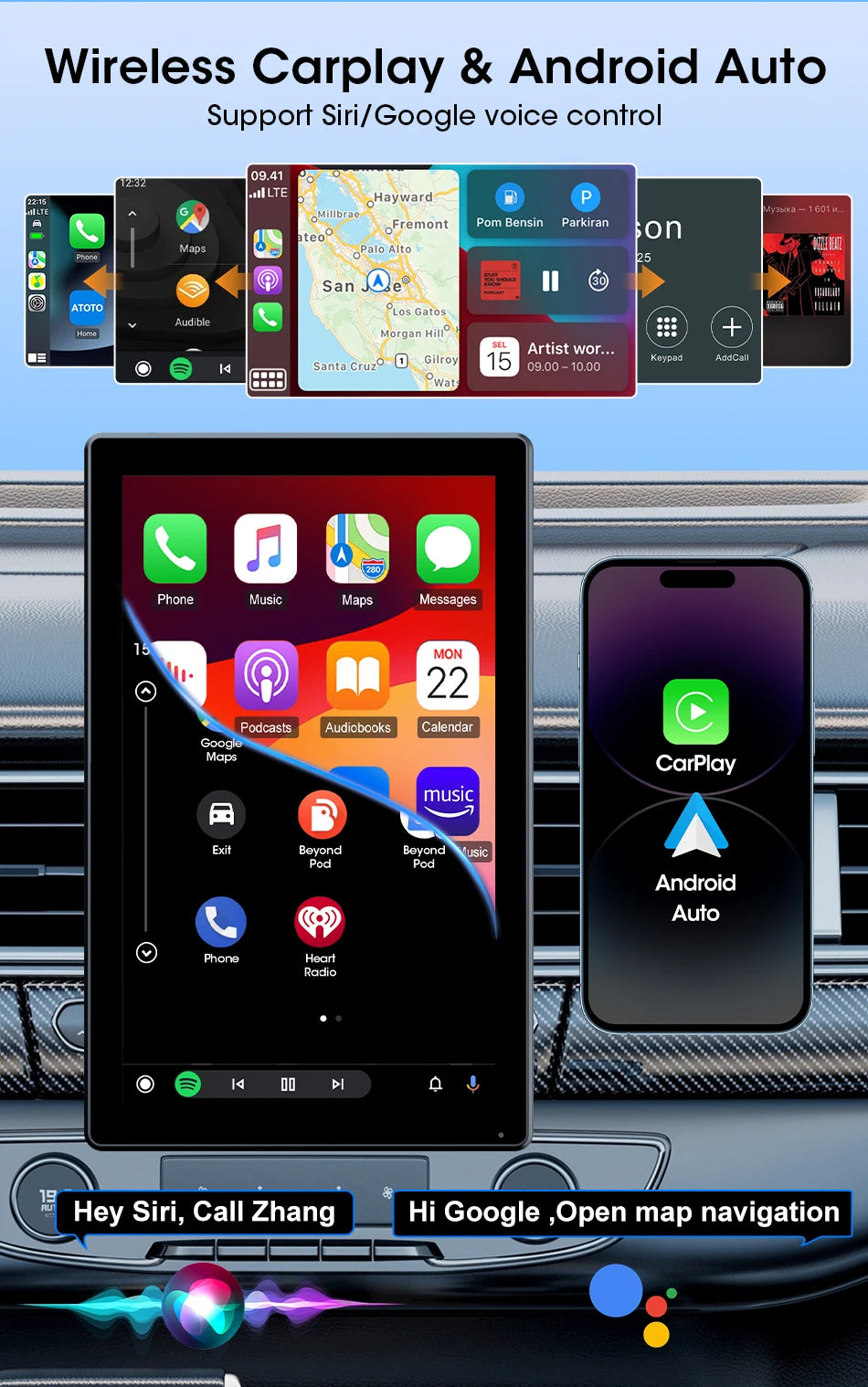 VILSAD 7" / 8" / 9" Wireless CarPlay Display – Full HD Touchscreen Monitor with Apple CarPlay & Android Auto