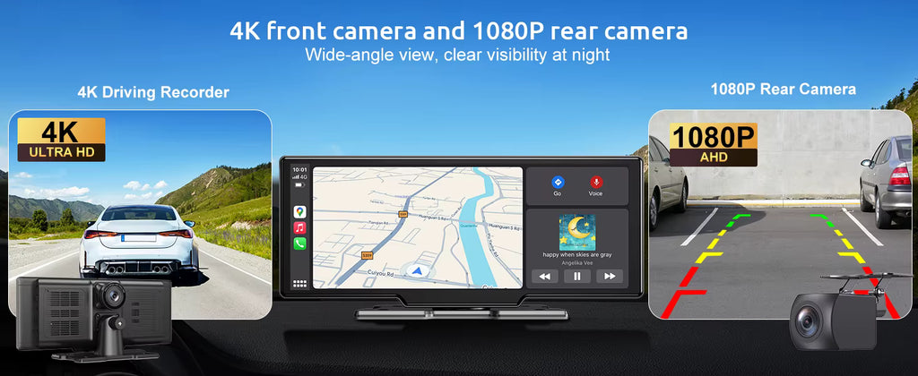 VILSAD 10.25" Wireless CarPlay Display | 4K Dash Cam & Android Auto