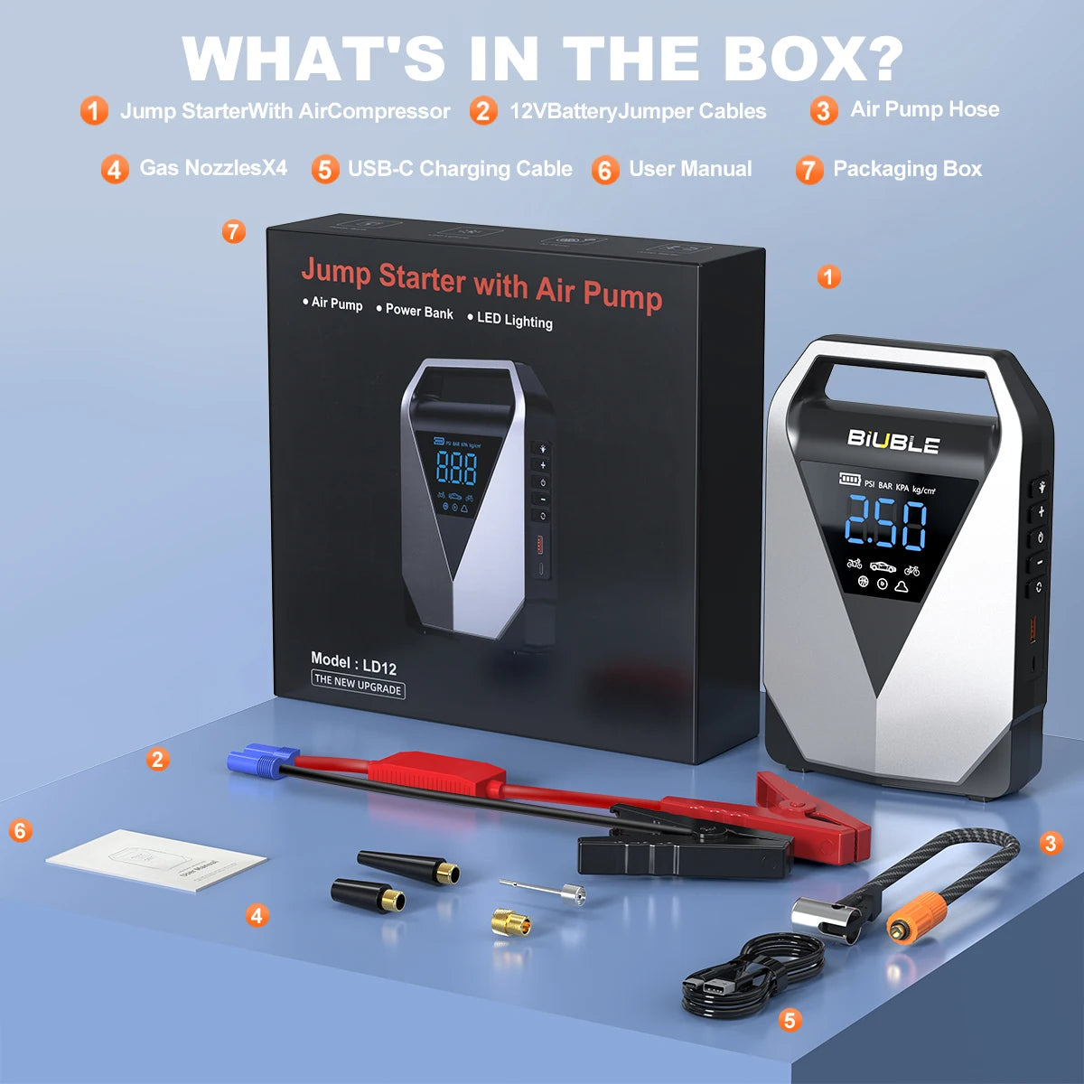 Portable Car Jump Starter with Air Compressor 2000A | 30000mAh Power Bank