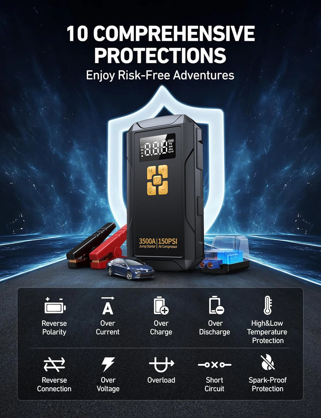 Car Jump Starter with Air Compressor 150PSI | Portable Battery Booster Power Bank