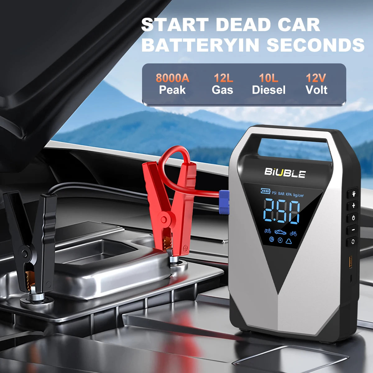 Portable Car Jump Starter with Air Compressor 2000A | 30000mAh Power Bank