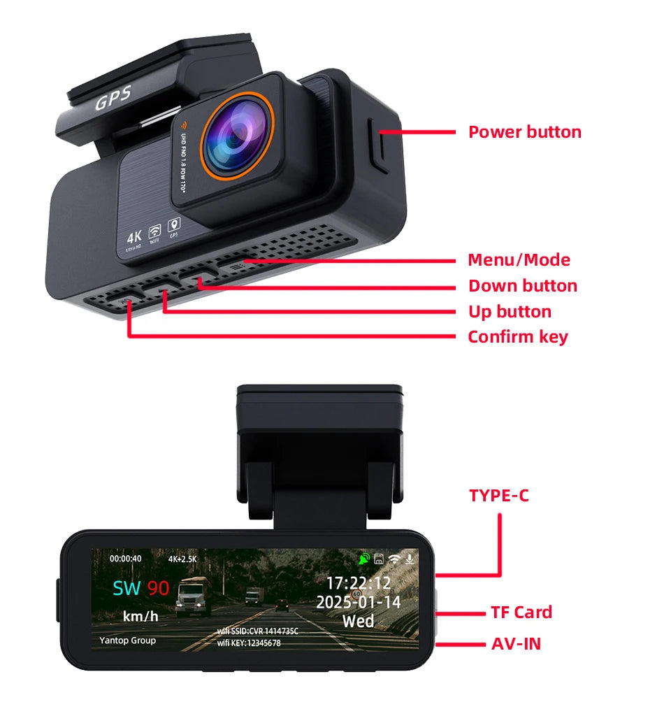 4K Dash Cam Front & Rear Camera with GPS & WiFi | Night Vision DVR
