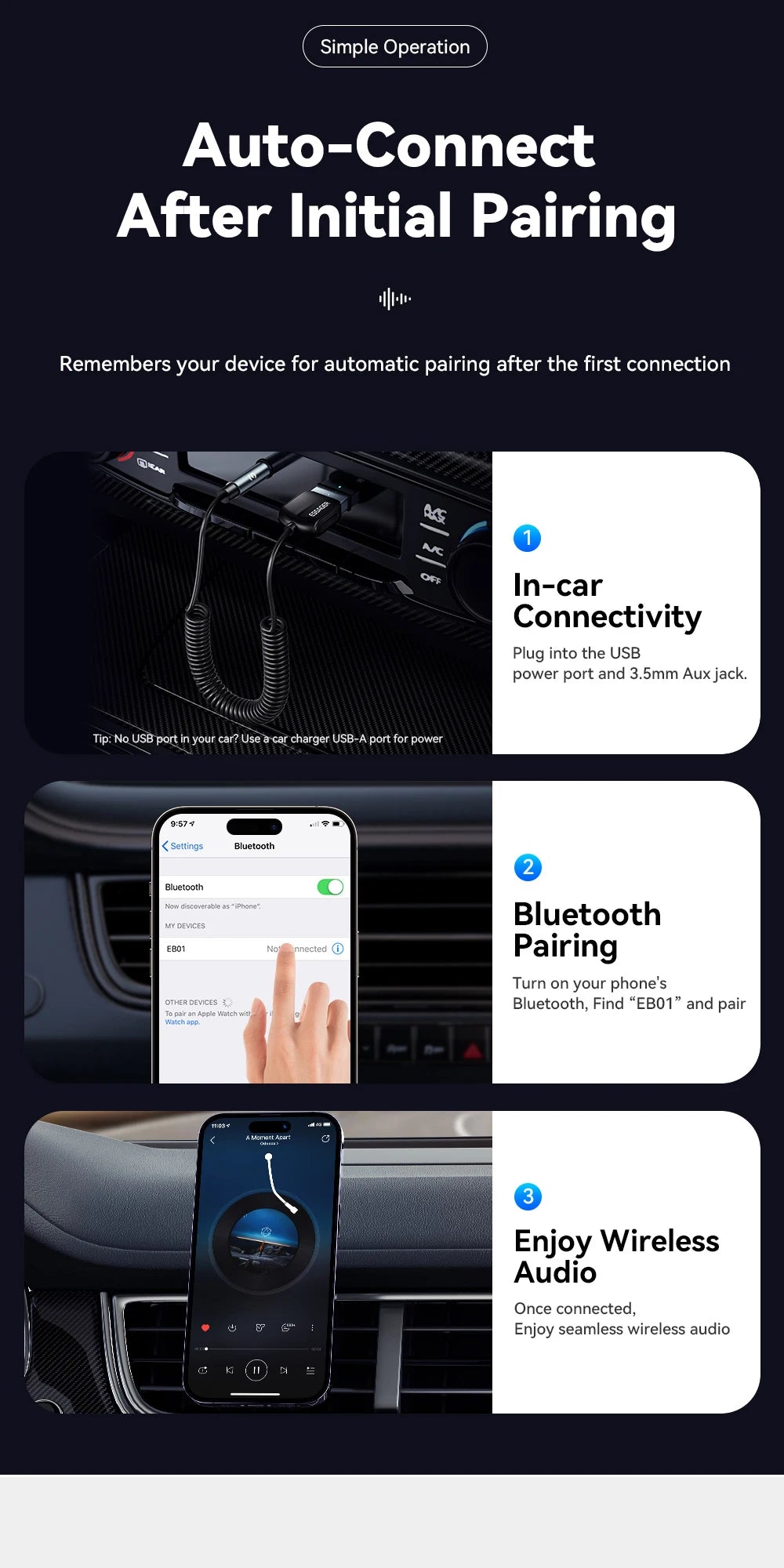 Bluetooth AUX Adapter for Car – Wireless Music Receiver 3.5mm Jack Bluetooth 5.0