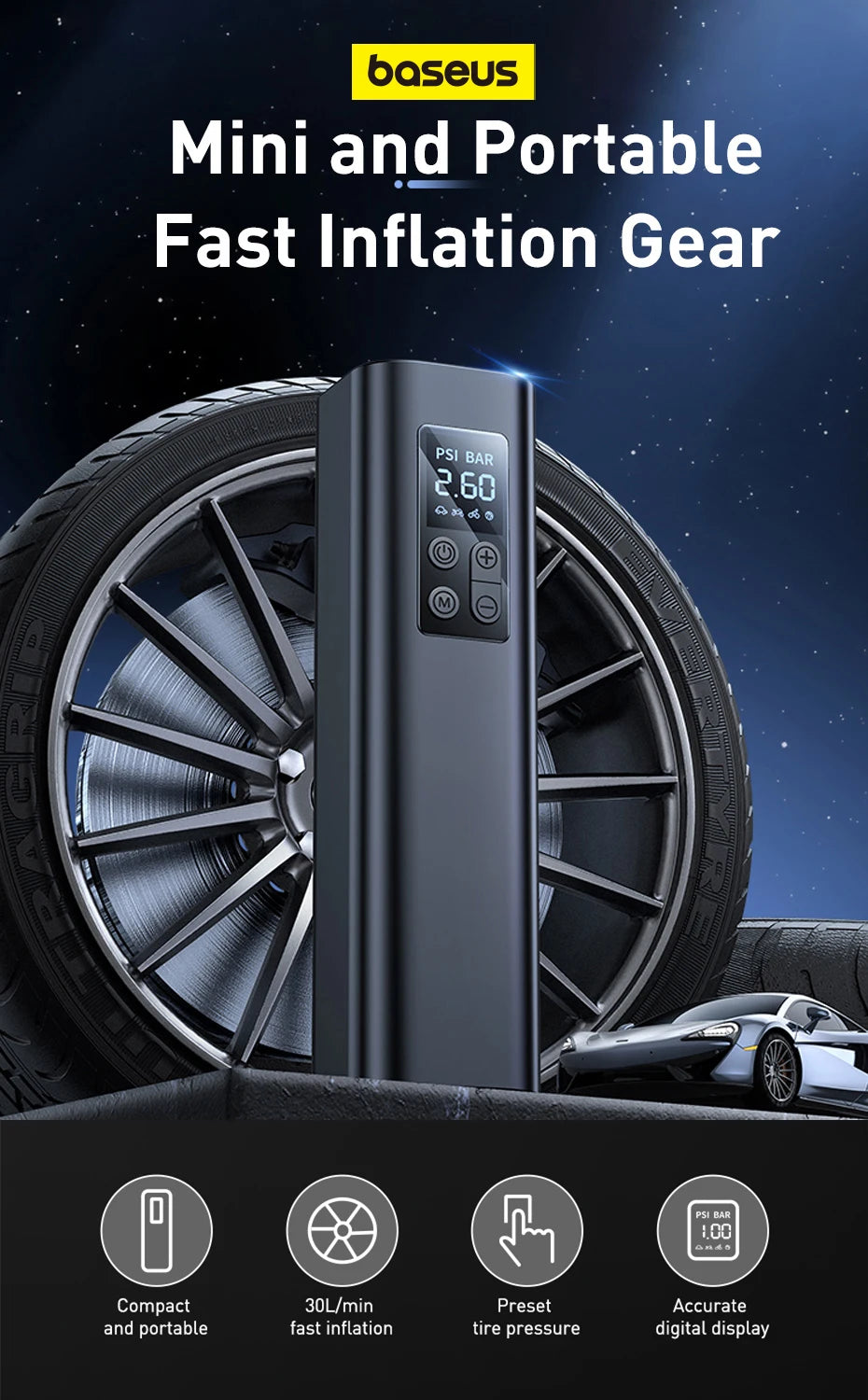 Baseus Portable Tire Inflator 12V | Mini Car Air Compressor Pump