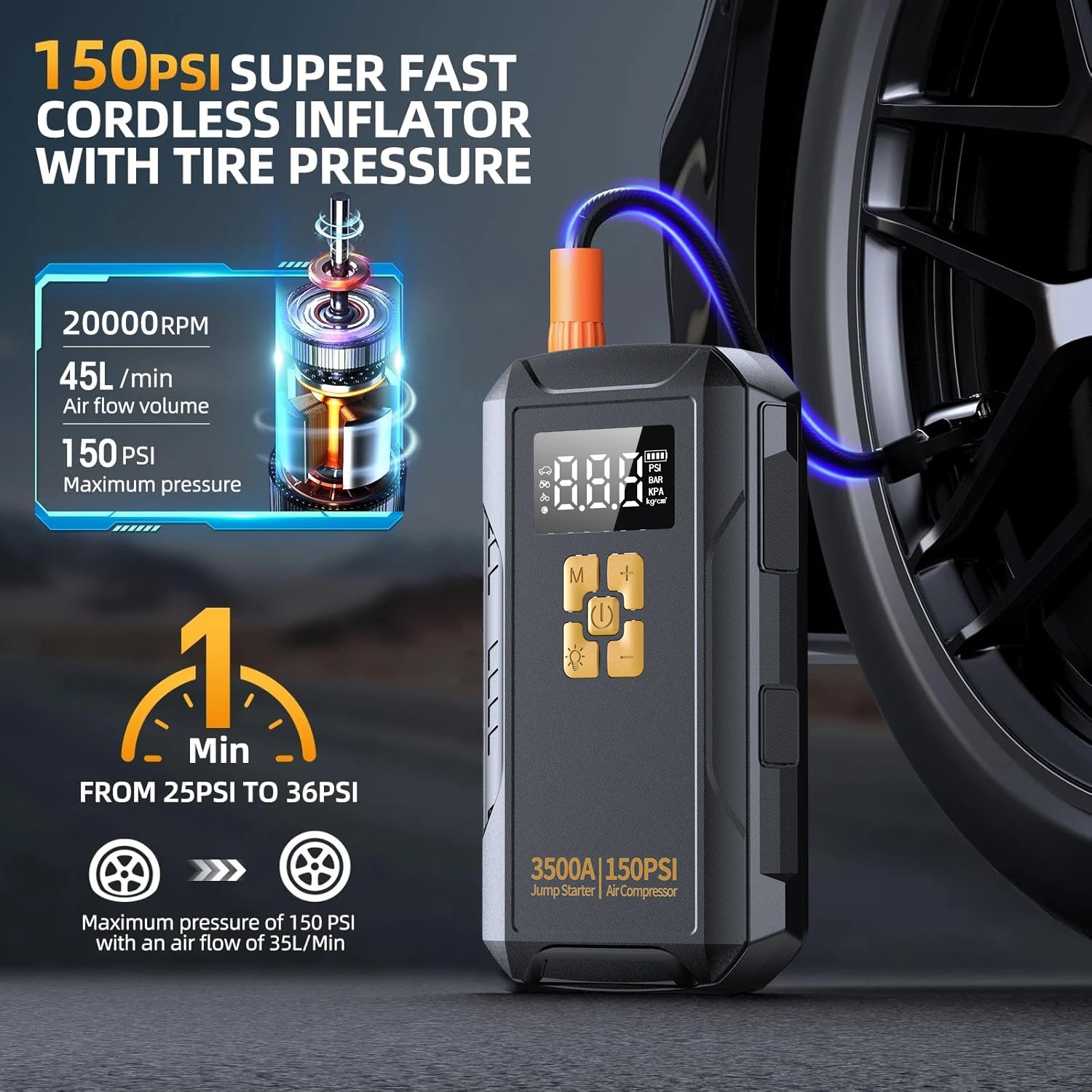 Car Jump Starter with Air Compressor 150PSI | Portable Battery Booster Power Bank