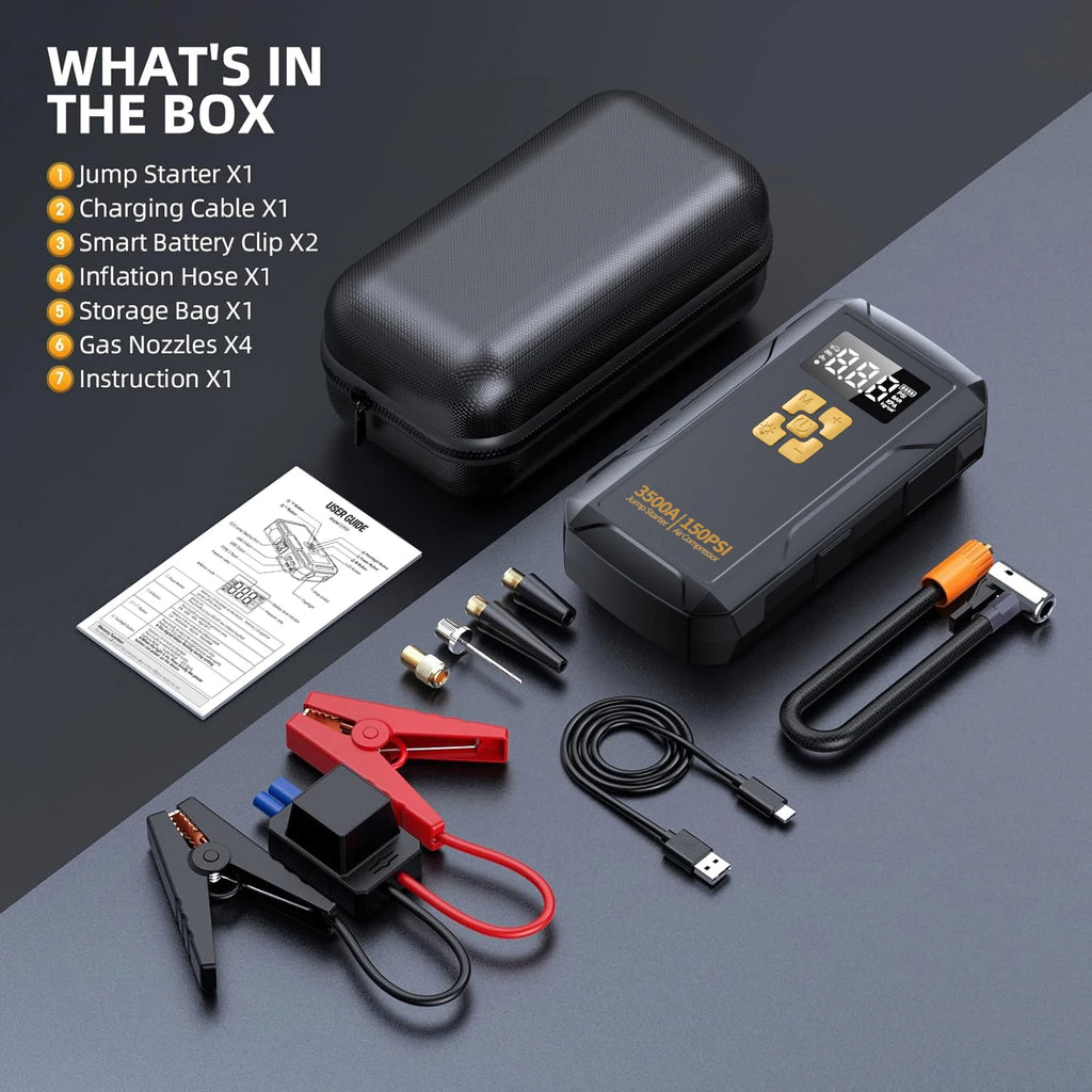 Car Jump Starter with Air Compressor 150PSI | Portable Battery Booster Power Bank