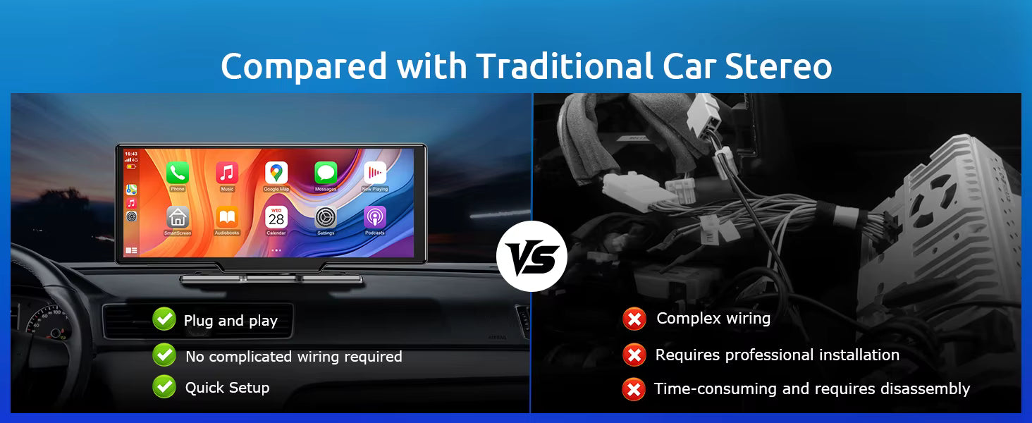 VILSAD 10.25" Wireless CarPlay Display | 4K Dash Cam & Android Auto